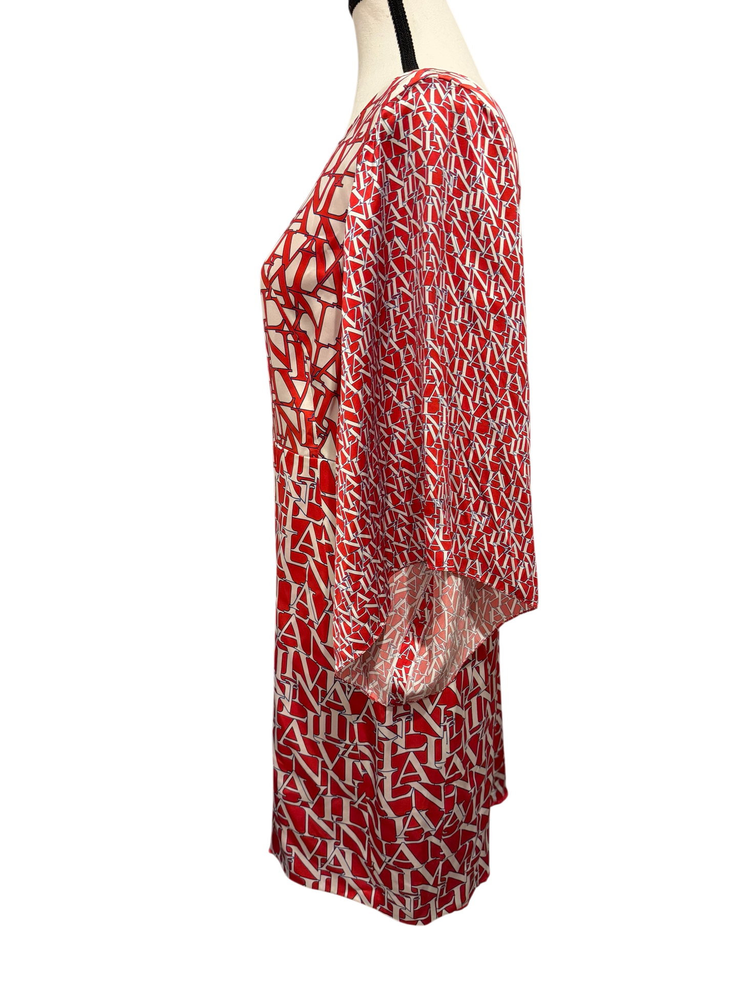 Lanvin Ruby Silk Logo Print Dress with Sheer Sleeves Size 48/US 12