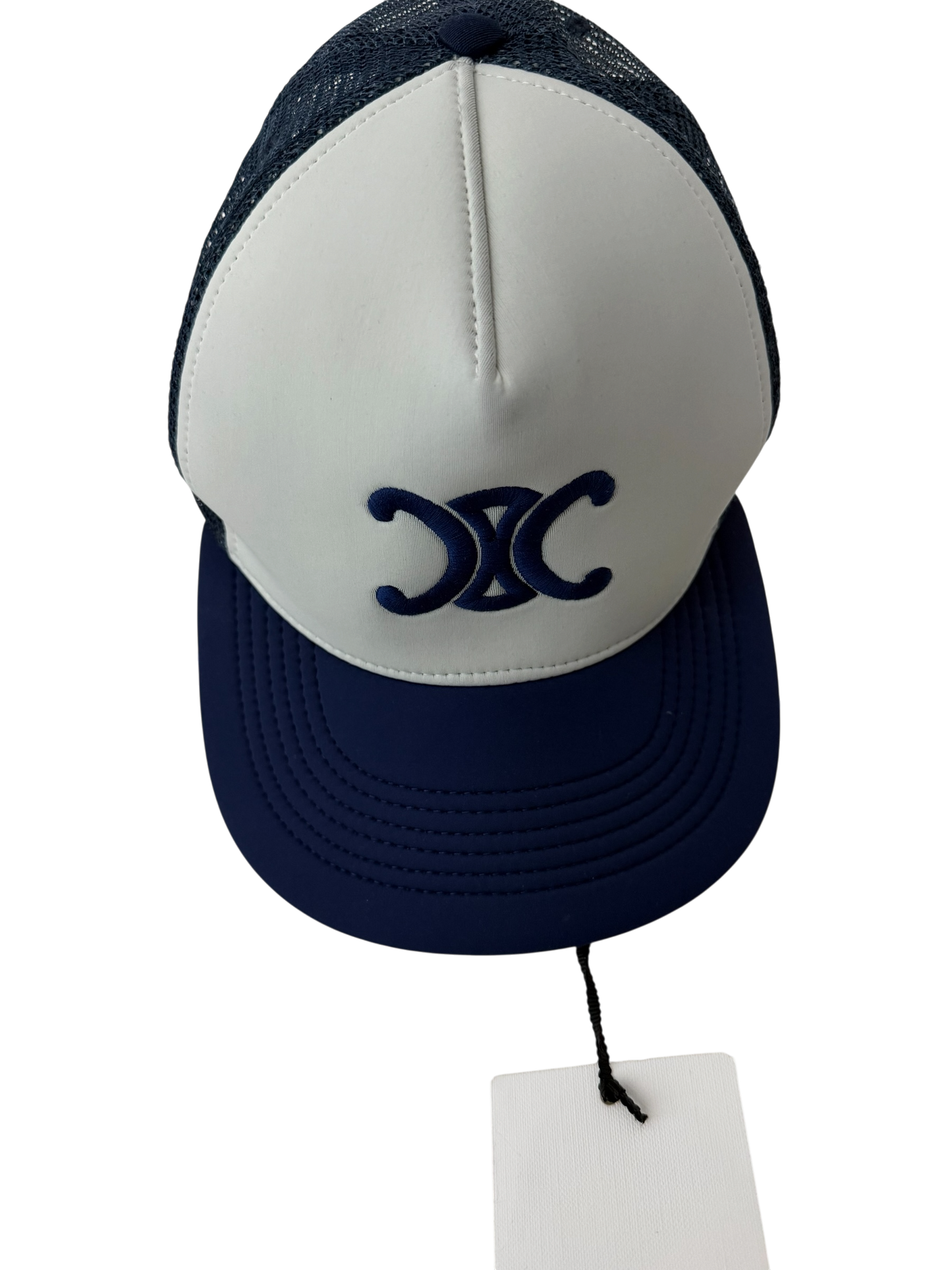 CELINE Triomphe Mesh Trucker Cap Hat Blue White Size M NWT Made in Italy