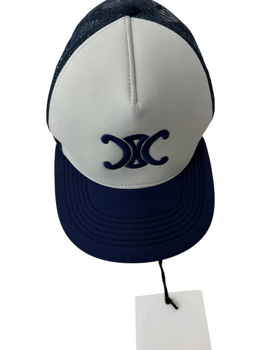 CELINE Triomphe Mesh Trucker Cap Hat Blue White Size M NWT Made in Italy