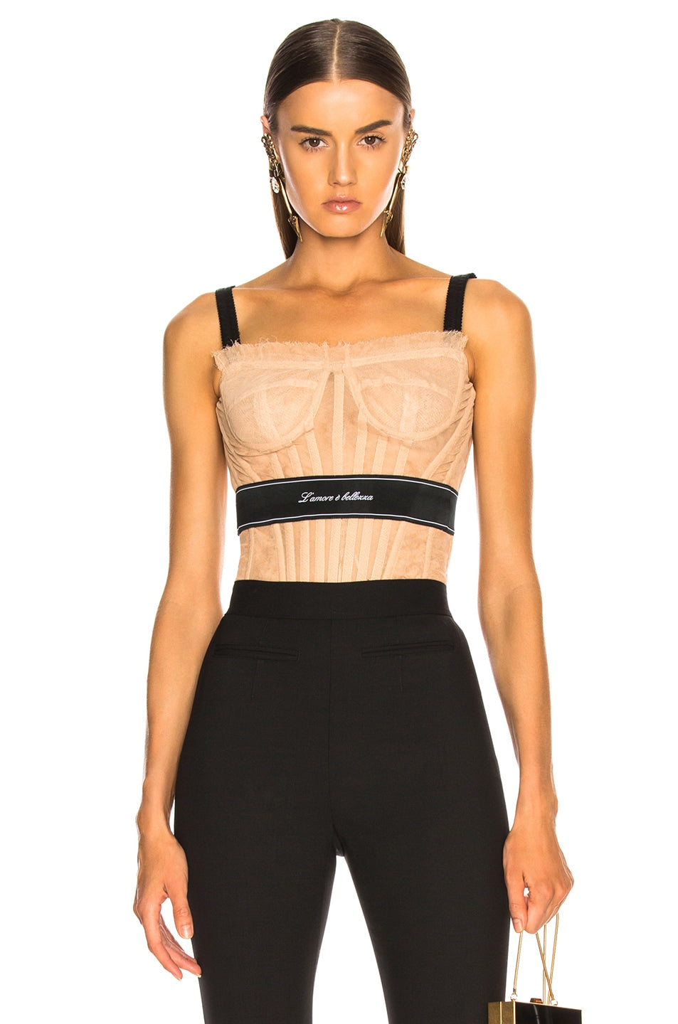 Dolce & Gabbana Nude Sheer Corset Bustier Top with Black Straps | NWT IT 48 | US 12