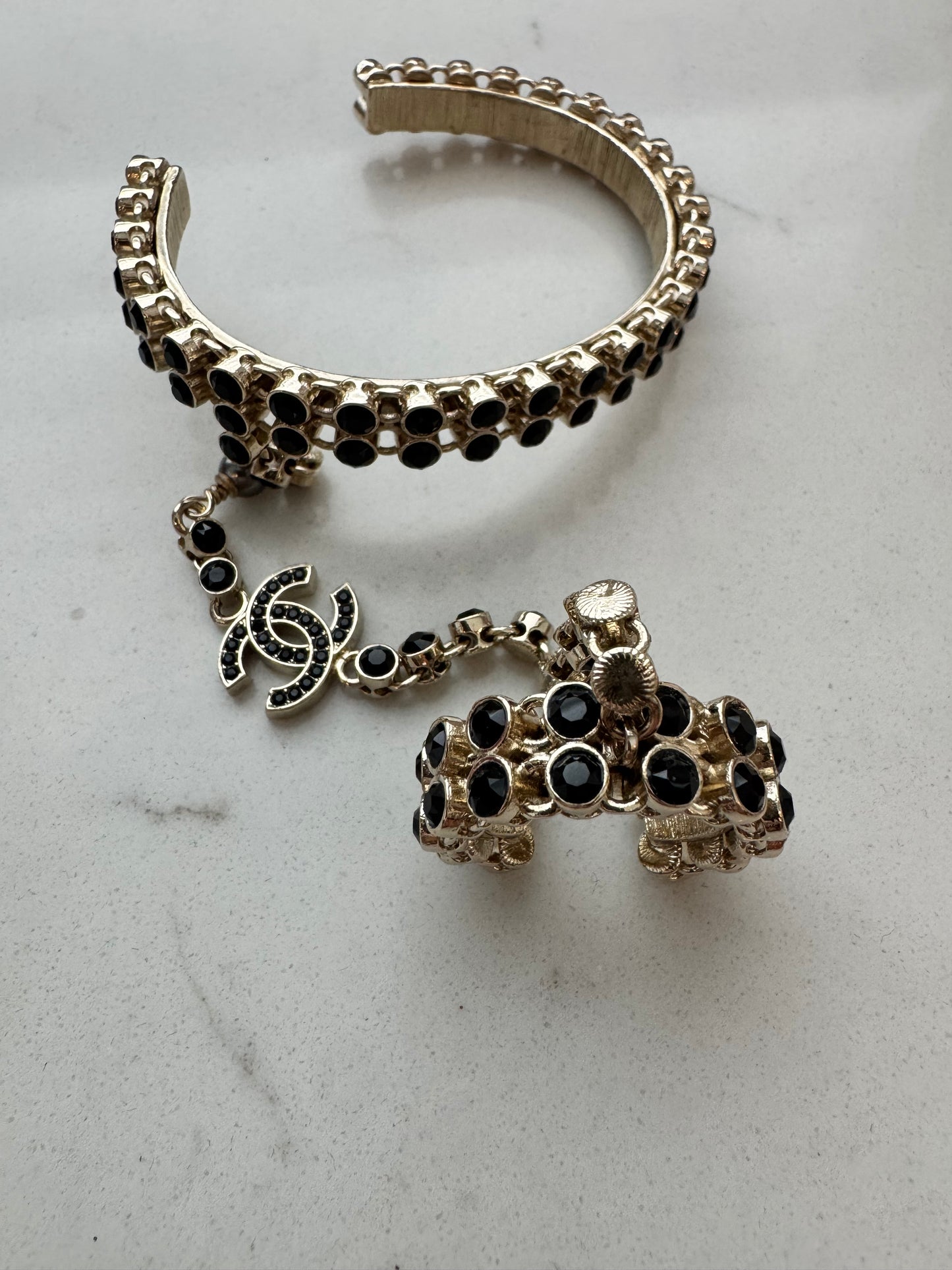 Chanel Gold Black Crystal Cuff Bracelet with Ring