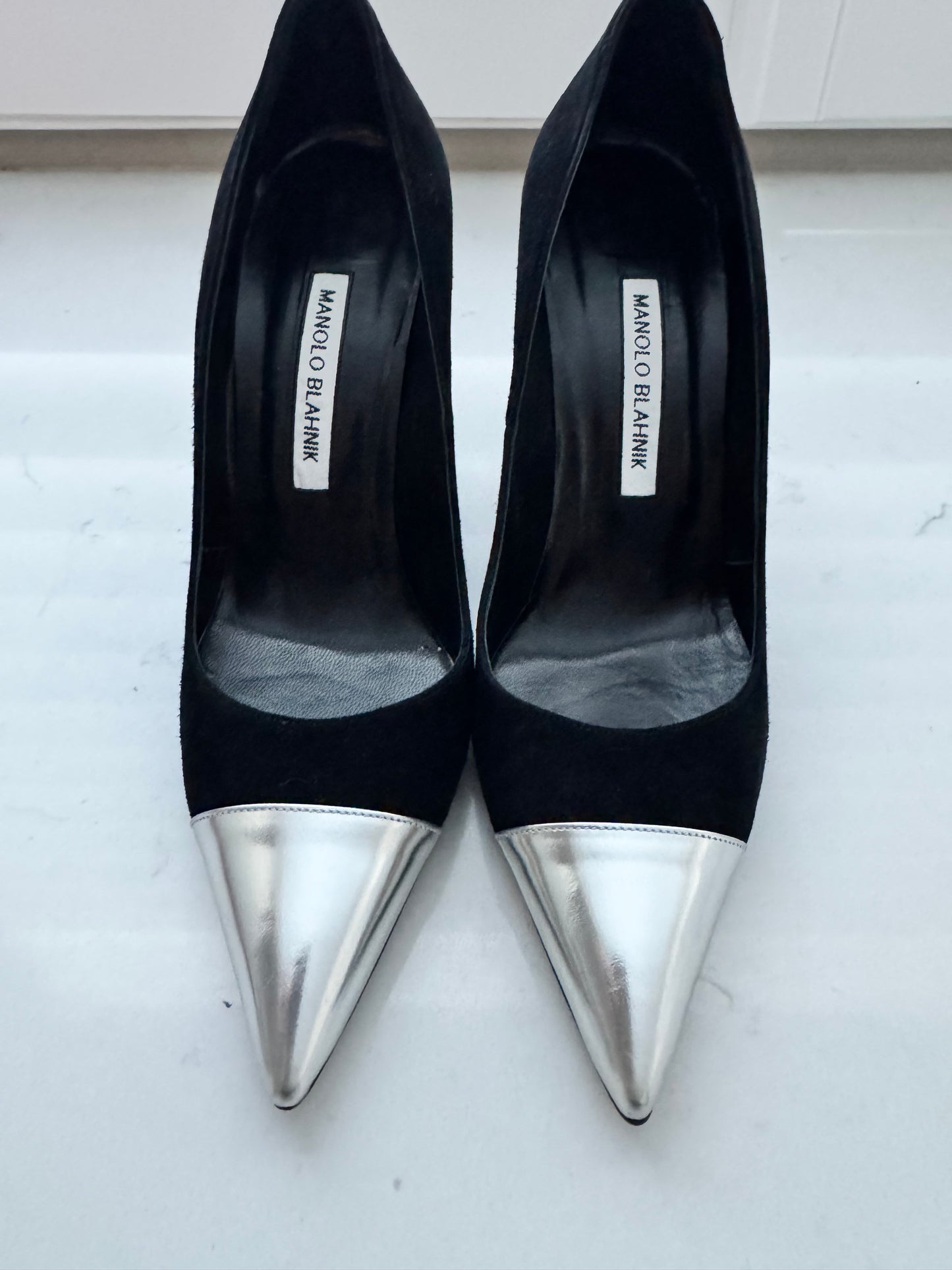 MANOLO BLAHNIK Black Suede/Silver Pumps Size: 38.5 (Like New)