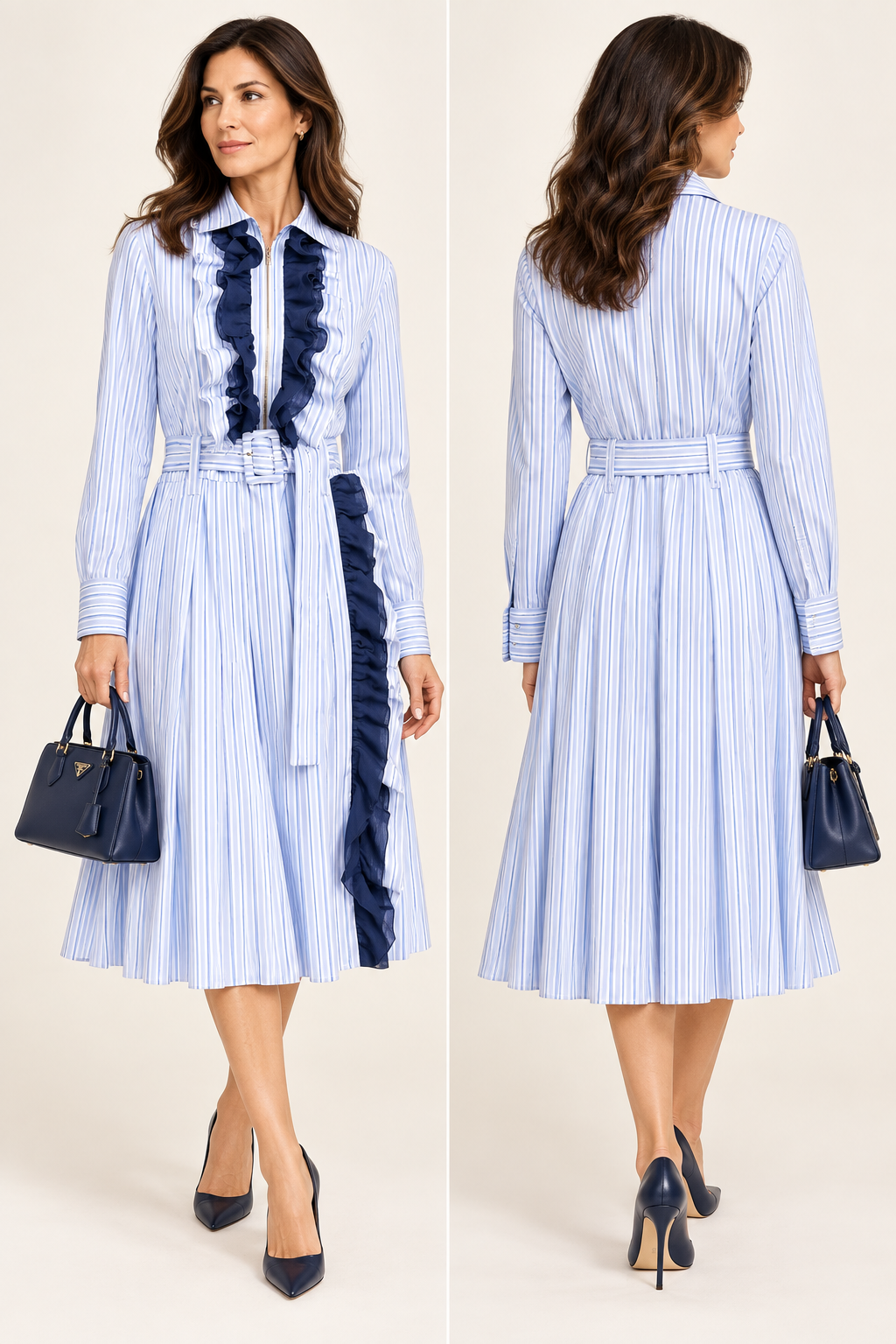Prada Ruffle-Trimmed Striped Cotton Shirt Dress | IT 48 / US 12