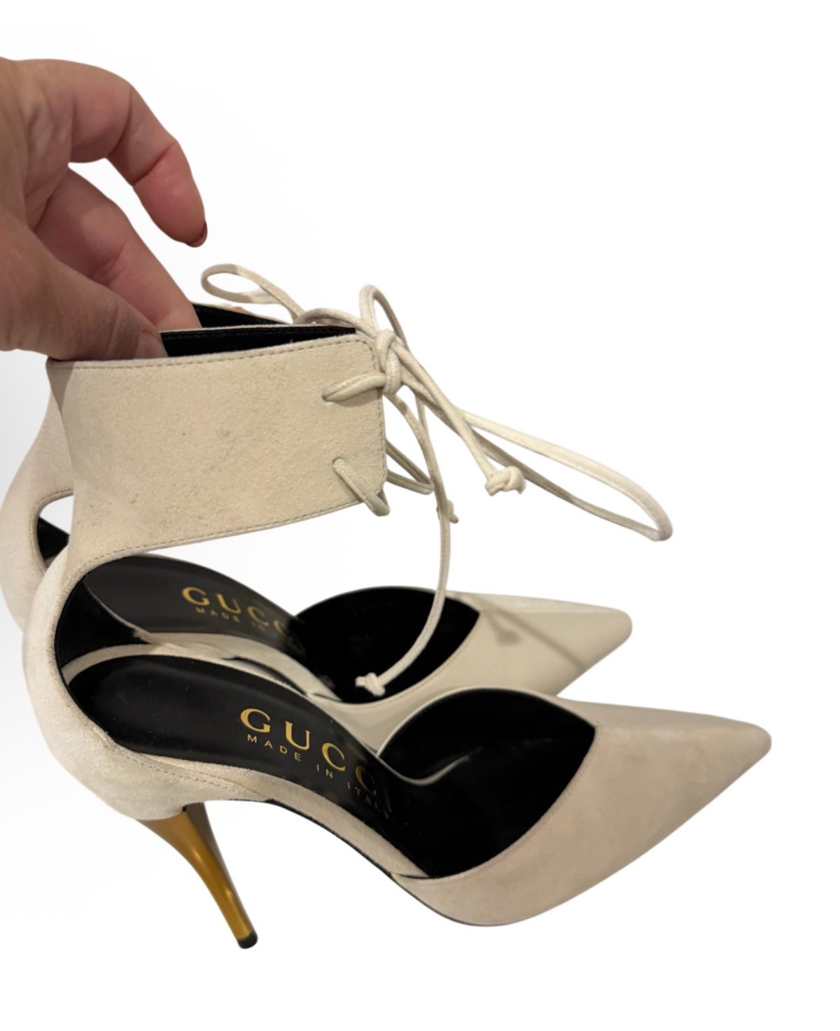 Gucci Ivory Lace-Up Pointed-Toe Pumps with Gold-Tone Heel | Size 37