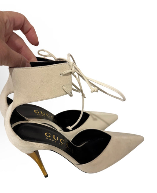 Gucci Ivory Lace-Up Pointed-Toe Pumps with Gold-Tone Heel | Size 37