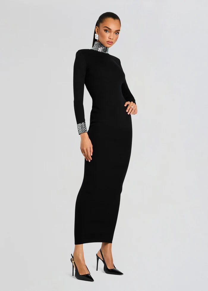 Retrofête Crystal Embellished Mock Neck Maxi Dress – Black | NWT Size Medium
