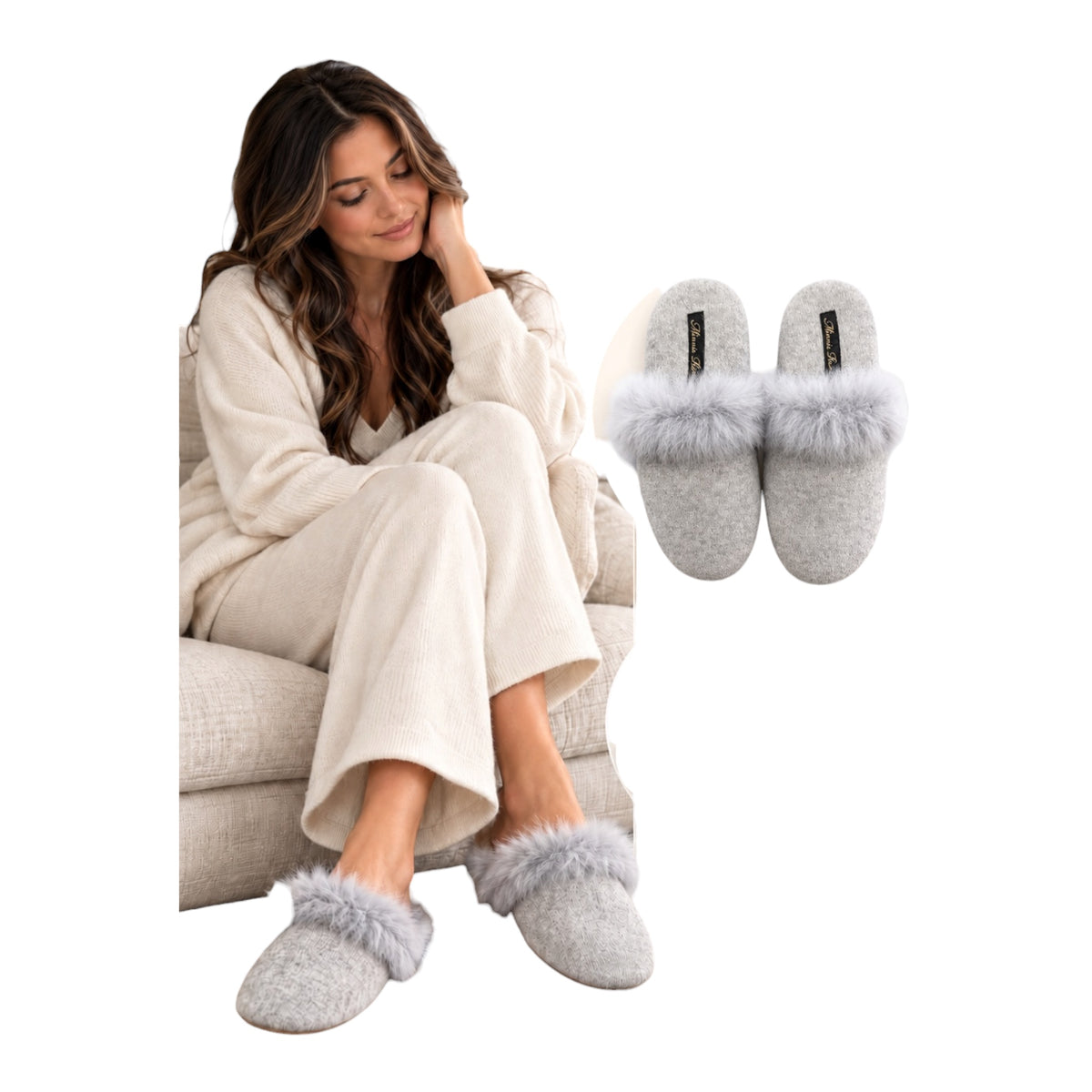 Minnie Rose 100% Cashmere Fur-Trim Slippers – Gray | Small (US 5–7)
