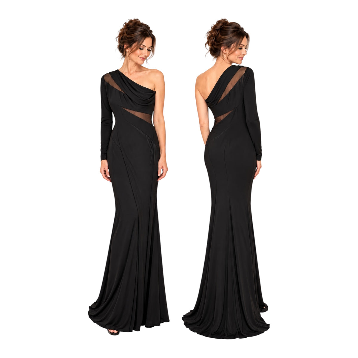 Ieena for Mac Duggal Black One-Shoulder Illusion Cutout Gown | Size: 4 | $398