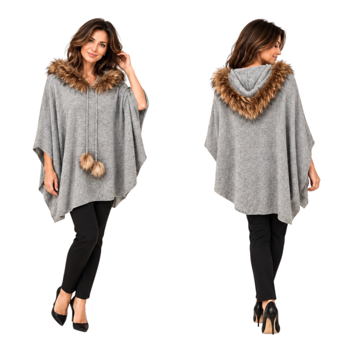 Minnie Rose Gray Cashmere Hooded Poncho with Removable Raccoon Fur Trim | One Size | NWT