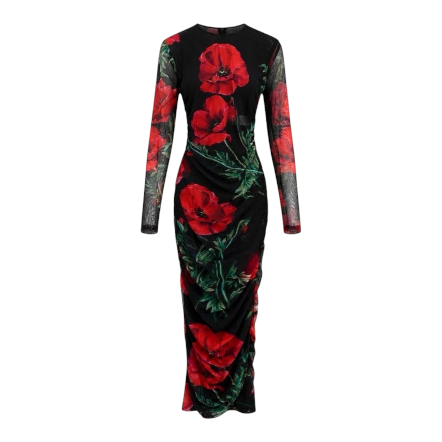 Dolce & Gabbana Poppy Print Ruched Mesh Midi Dress Black Red Floral | NWT | IT 48 / US 12