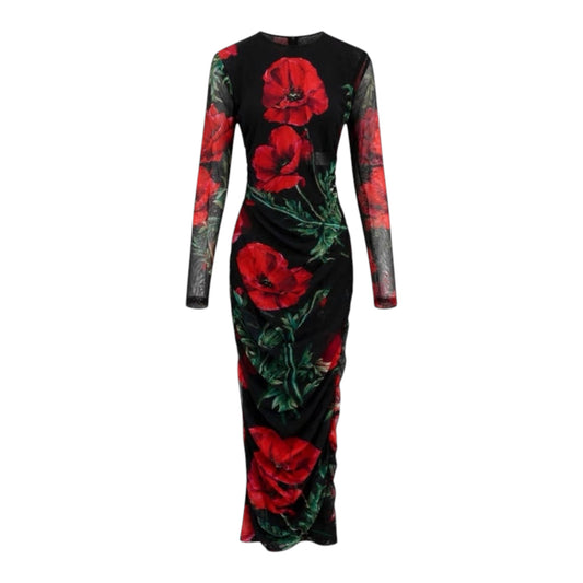 Dolce & Gabbana Poppy Print Ruched Mesh Midi Dress Black Red Floral | NWT | IT 48 / US 12