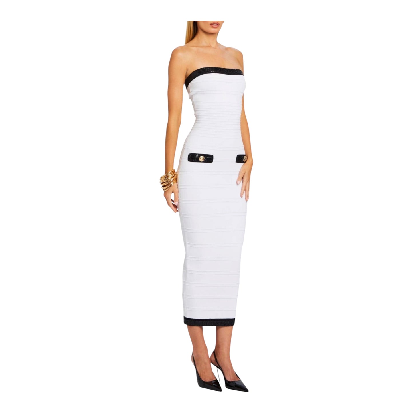 Retrofête White & Black Strapless Bandage Midi Dress with Gold Buttons – Size Large NWT