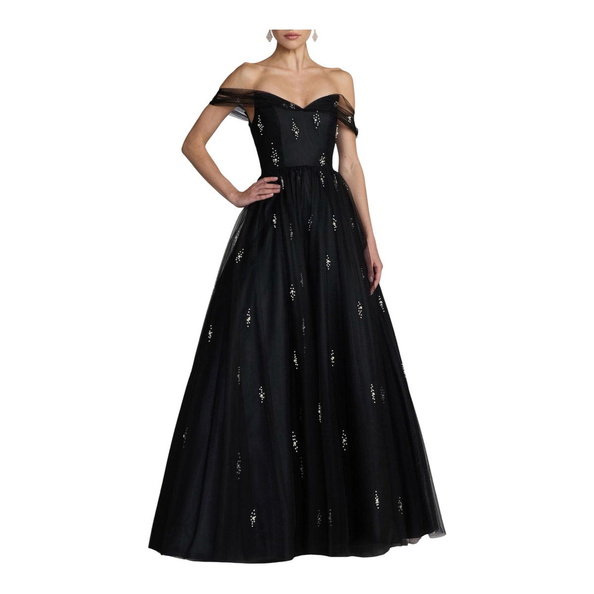 Ieena for Mac Duggal Pearl-Embellished Black Tulle Ball Gown – Size 8 NWOT