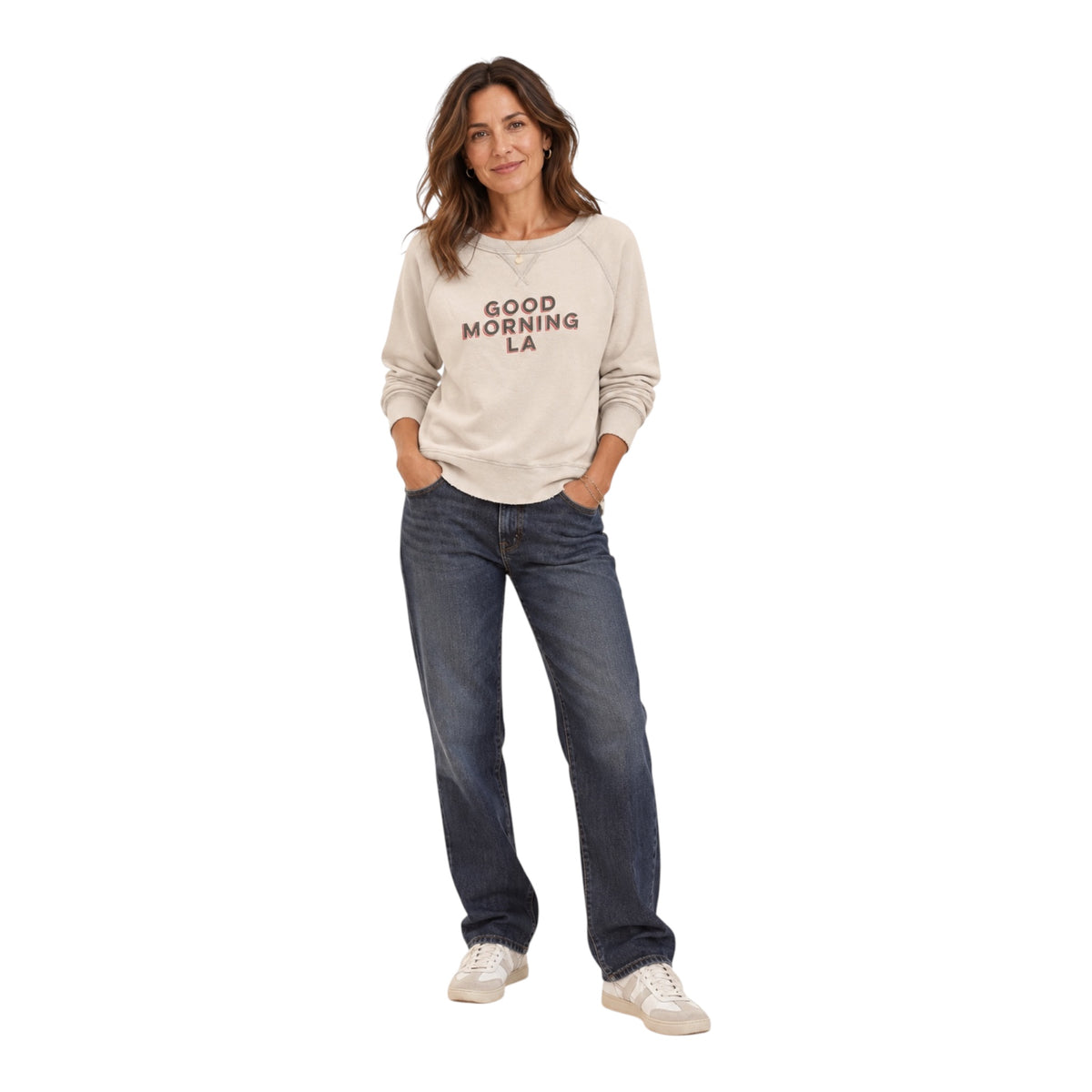 Nili Lotan Good Morning LA Graphic Sweatshirt | Cream | Size Large | MSRP $298