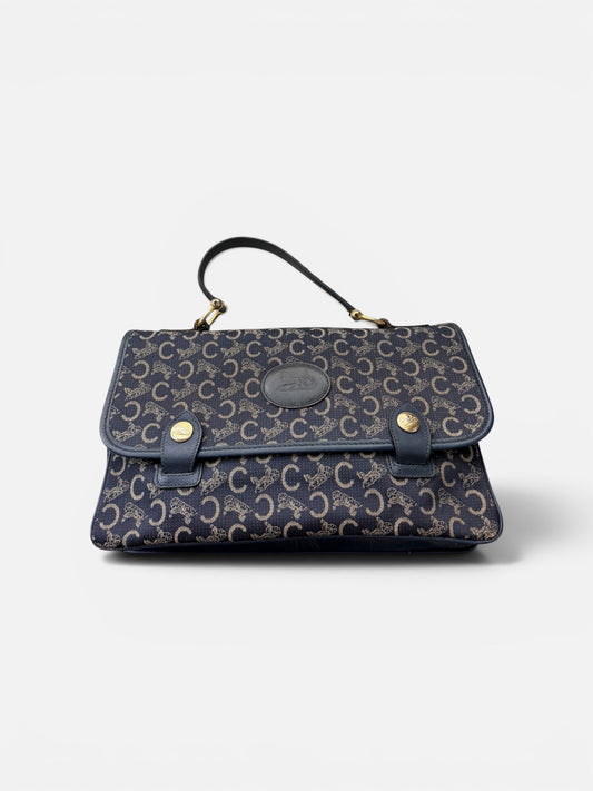Vintage Celine Monogram Horse Carriage Top Handle Bag – Navy Canvas & Leather Satchel | Made in Italy