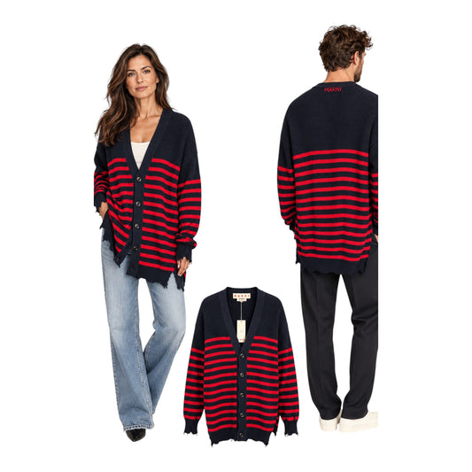 Marni Navy & Red Striped Virgin Wool Cardigan | Size:50 | New With Tags | $1475