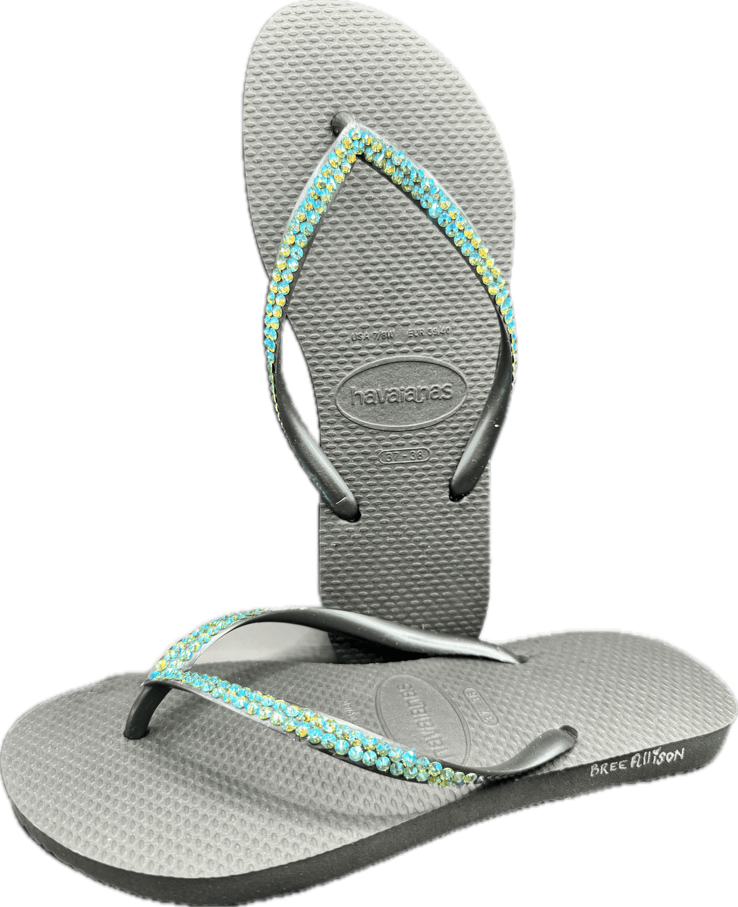 Slim Ballet Black Flip Flops | Peridot Shimmer Crystals