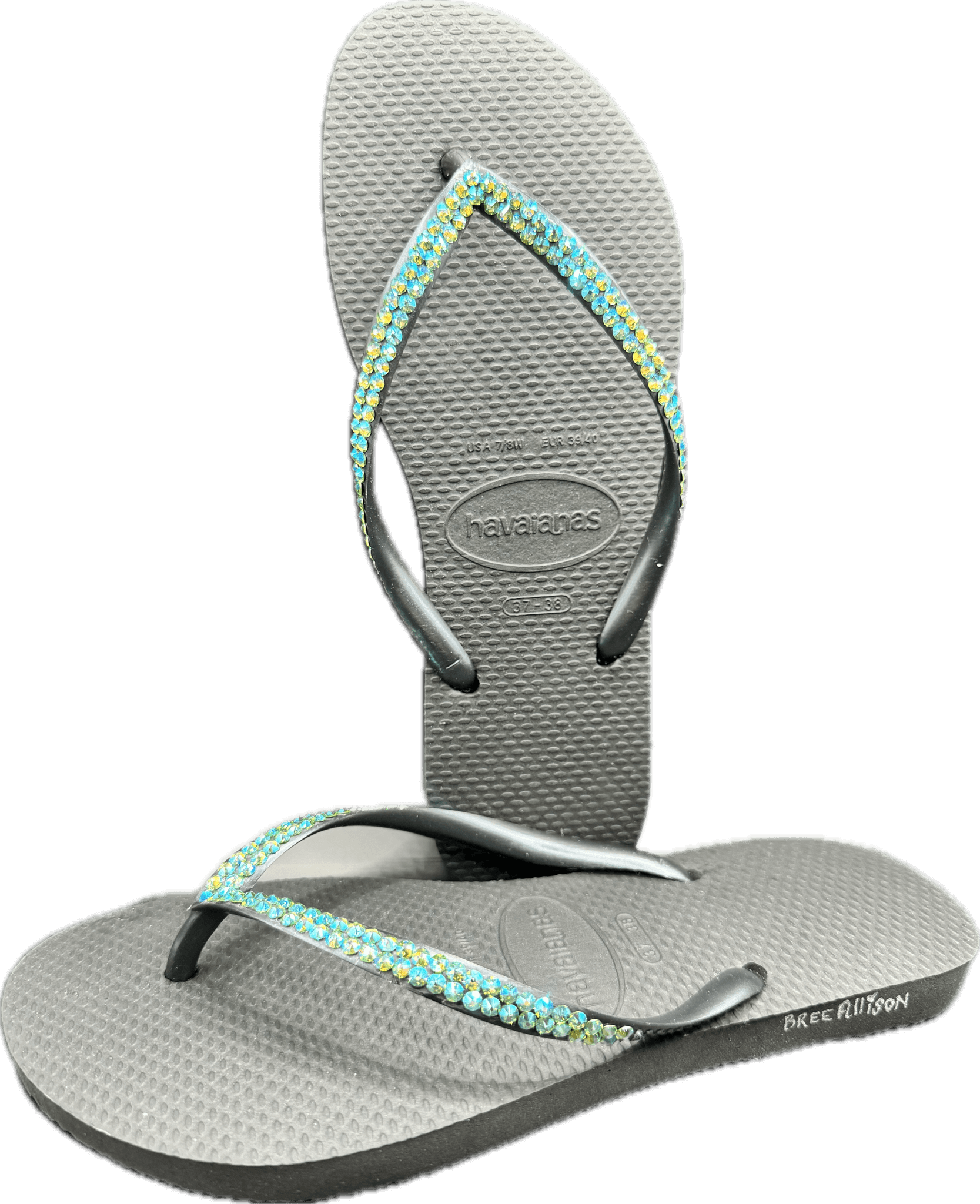 Slim Ballet Black Flip Flops | Peridot Shimmer Crystals