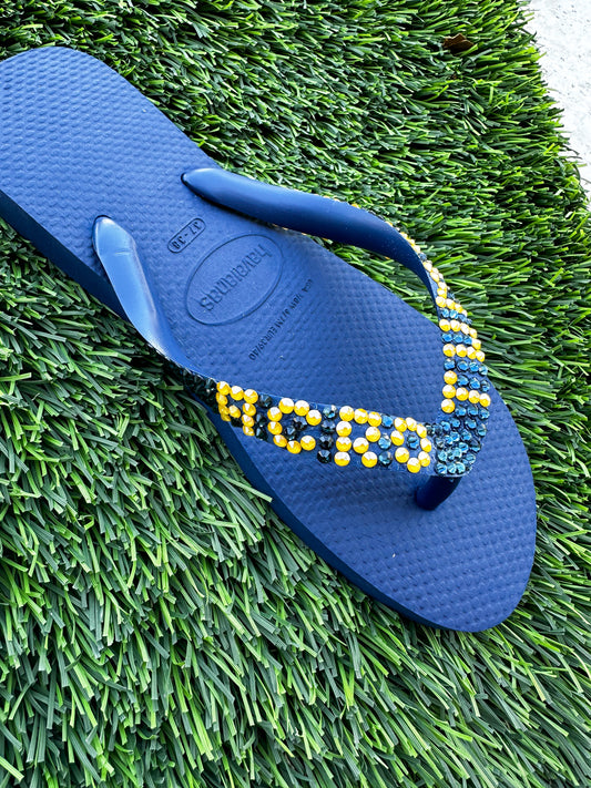 Top Navy Flip Flops | Montana & Buttercup Crystals (Augustana University)